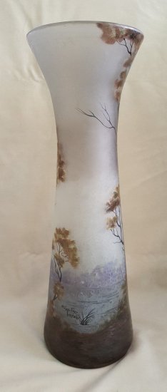 79	ミューラー兄弟　リュネヴィル　大きなガラス花瓶　湖とボートの風景