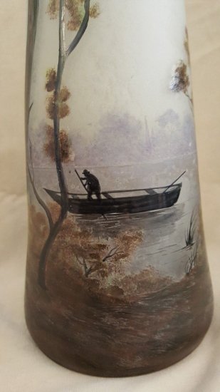 79	ミューラー兄弟　リュネヴィル　大きなガラス花瓶　湖とボートの風景