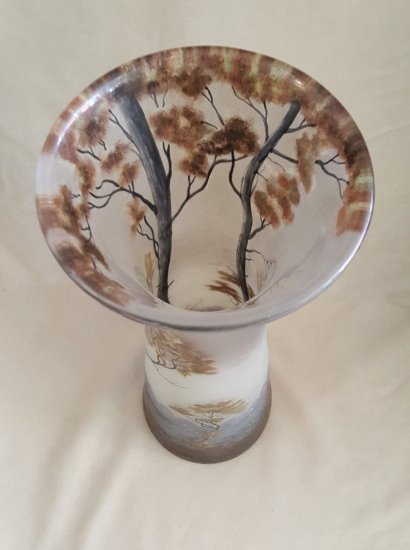 79	ミューラー兄弟　リュネヴィル　大きなガラス花瓶　湖とボートの風景