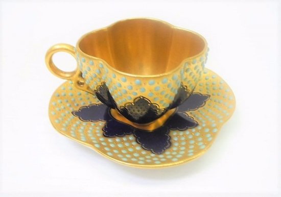 109	コールポート　アンティーク　金・青・緑のポセリンデミタスカップ＆ソーサーセット　T6159