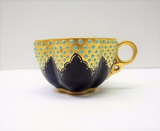 109	コールポート　アンティーク　金・青・緑のポセリンデミタスカップ＆ソーサーセット　T6159