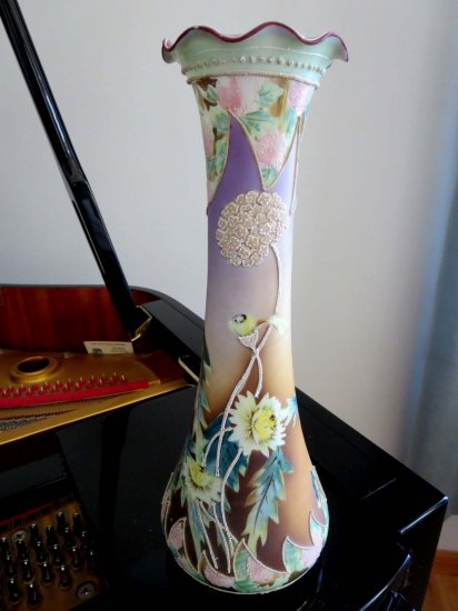213	オールドノリタケ　モリアージュシリンダー花瓶　花と葉