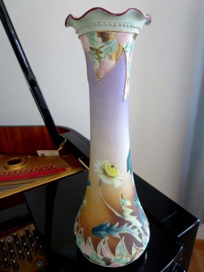213	オールドノリタケ　モリアージュシリンダー花瓶　花と葉