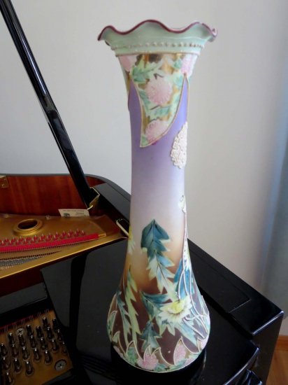 213	オールドノリタケ　モリアージュシリンダー花瓶　花と葉