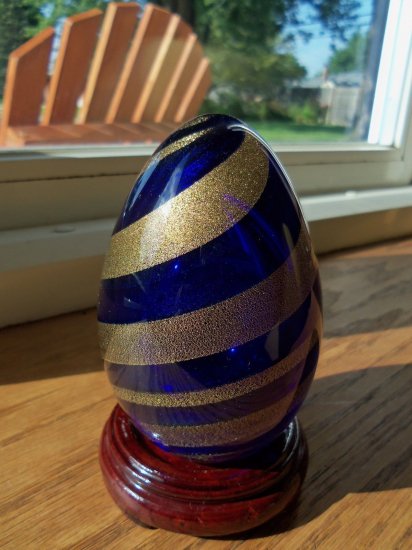 622	ムラノ　アートガラスペーパーウェイト　青と金のスワールエッグ　Archimede Seguso