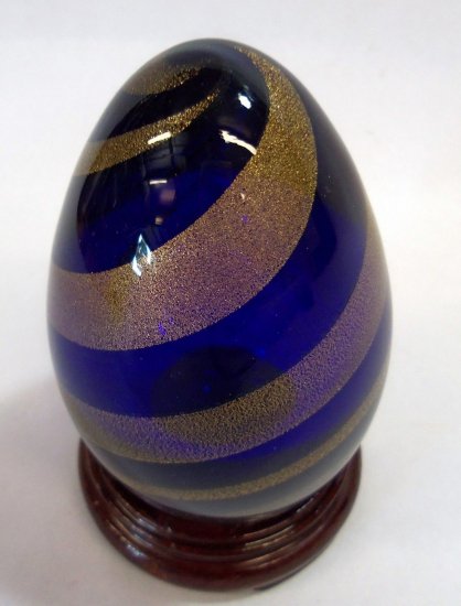 622	ムラノ　アートガラスペーパーウェイト　青と金のスワールエッグ　Archimede Seguso