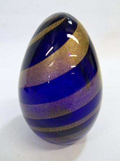 622	ムラノ　アートガラスペーパーウェイト　青と金のスワールエッグ　Archimede Seguso