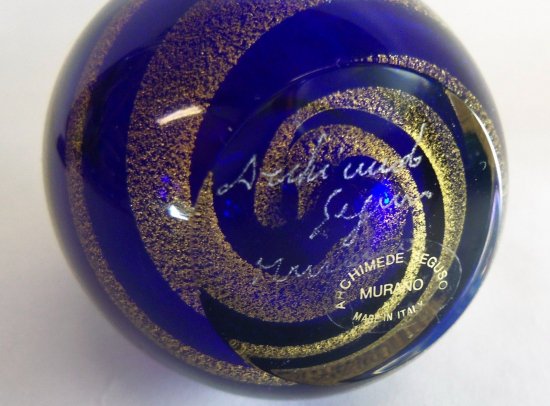 622	ムラノ　アートガラスペーパーウェイト　青と金のスワールエッグ　Archimede Seguso