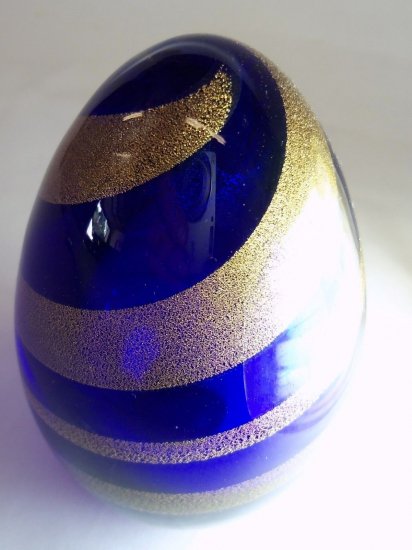 622	ムラノ　アートガラスペーパーウェイト　青と金のスワールエッグ　Archimede Seguso