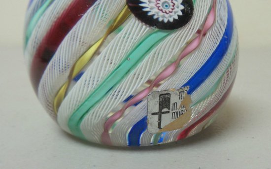 ムラノガラス　ラティチーノリボンミレフィオーリ　アートガラスペーパーウェイト　オリジナルラベル付き