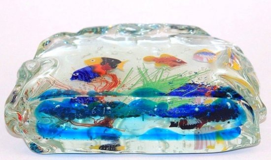 613	ムラノ　アクアリウム　アートガラスブロックペーパーウェイト　カラフルなスカルプチャー