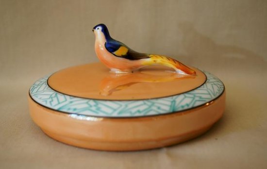 220	オールドノリタケ　パウダーパフボックス　長い尾の鳥　ラスター技法