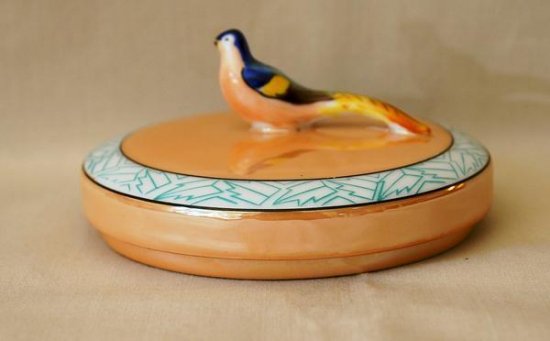 220	オールドノリタケ　パウダーパフボックス　長い尾の鳥　ラスター技法