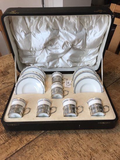 232	エインズレイ　デミタスカップ＆ソーサーセット　スターリングシルバー製ホルダー付き　6点セット