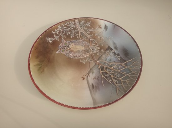 229　オールドノリタケ　アンティークプレート　盛上げ装飾　フクロウ　1900年代初頭