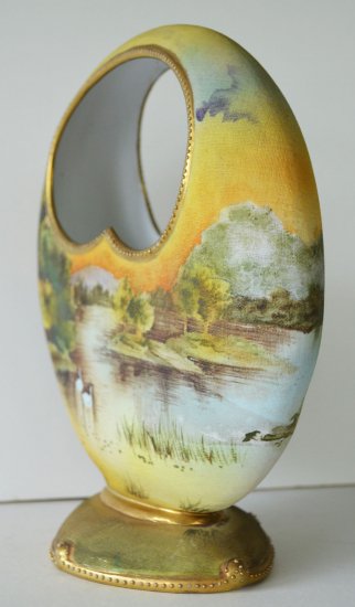 231　オールドノリタケ　白鳥のいる水辺の風景　バスケット型花瓶
