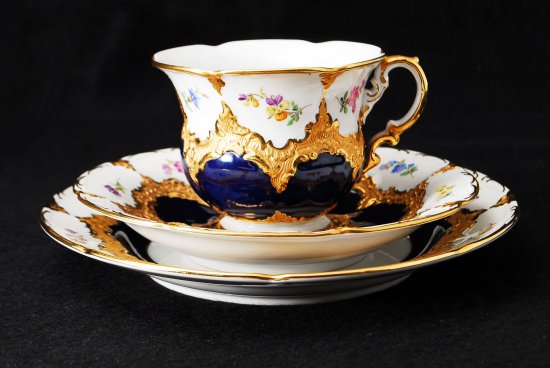 282 マイセン Bフォーム １級品 コバルト 金彩小花柄 キャビネットトリオ