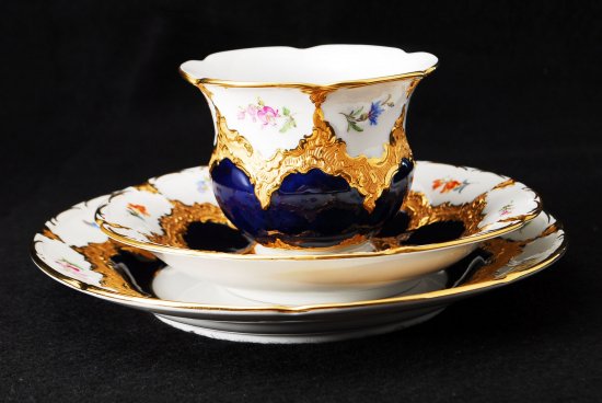 282 マイセン Bフォーム １級品 コバルト 金彩小花柄 キャビネットトリオ