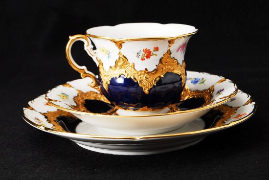 282 マイセン Bフォーム １級品 コバルト 金彩小花柄 キャビネットトリオ