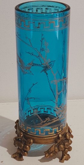 571　バカラ（BACCARAT）アンティーク　ジャポニズムデザイン　ブルークリスタルとブロンズ装飾の花瓶　1880～90年頃