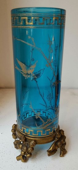 571　バカラ（BACCARAT）アンティーク　ジャポニズムデザイン　ブルークリスタルとブロンズ装飾の花瓶　1880～90年頃