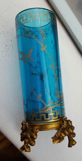 571　バカラ（BACCARAT）アンティーク　ジャポニズムデザイン　ブルークリスタルとブロンズ装飾の花瓶　1880～90年頃