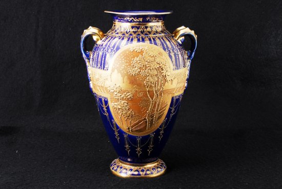 238 オールドノリタケ ニッポン 金盛コバルト　風景画花瓶