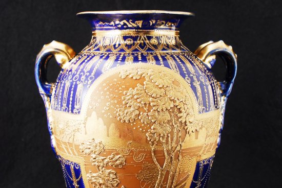 238 オールドノリタケ ニッポン 金盛コバルト　風景画花瓶