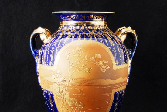 238 オールドノリタケ ニッポン 金盛コバルト　風景画花瓶