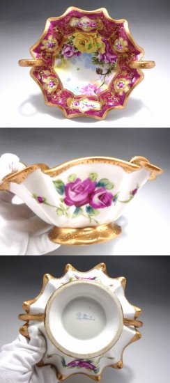 オールドノリタケ　金彩 薔薇 　ワインレッド　ボウル
