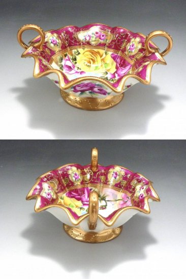 オールドノリタケ　金彩 薔薇 　ワインレッド　ボウル
