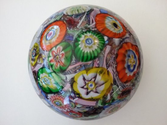 644　ムラーノガラス　アンティーク　ラッティチーノ（latticino）模様のリボン＆デイジーのミルフィオリ　ペーパーウェイト