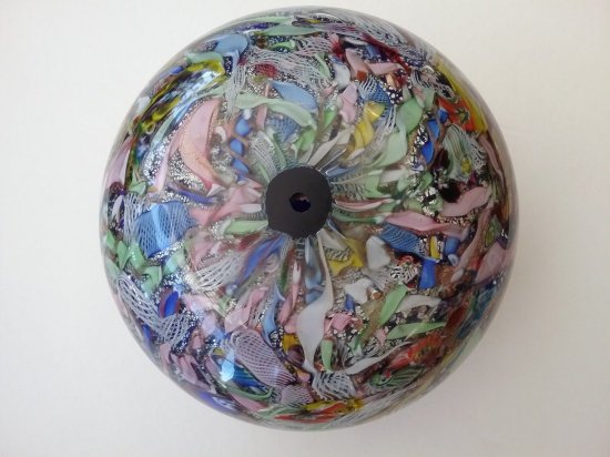 644　ムラーノガラス　アンティーク　ラッティチーノ（latticino）模様のリボン＆デイジーのミルフィオリ　ペーパーウェイト