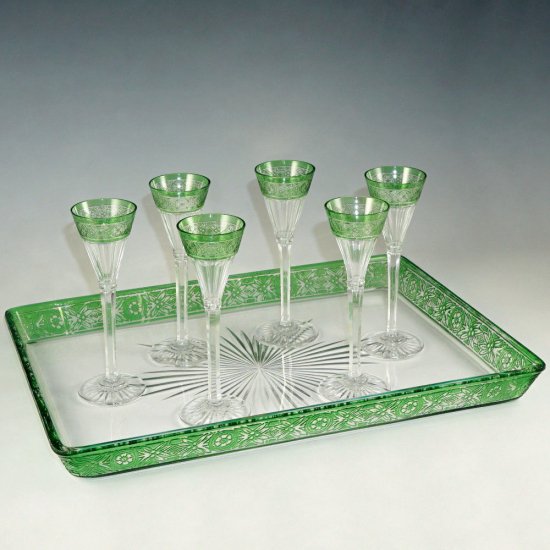 584　バカラ（Baccarat）　アンティーク　カット・クリスタル　リカーセット　”エンパイア（Empire）”　サービング・トレー付き　1900年代初頭