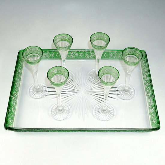 584　バカラ（Baccarat）　アンティーク　カット・クリスタル　リカーセット　”エンパイア（Empire）”　サービング・トレー付き　1900年代初頭
