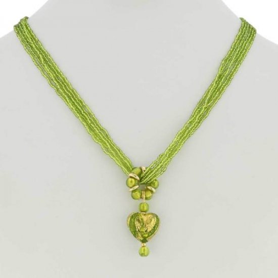 ベネチアングラス（ベネチアンガラス）ライムグリーン　ハートネックレス