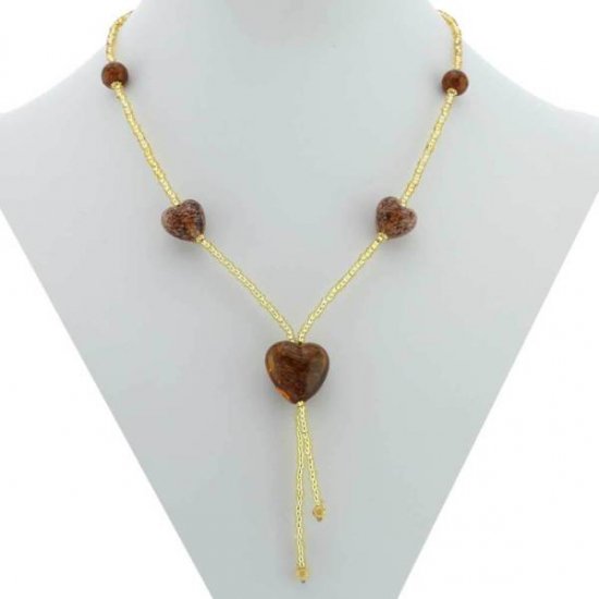 ベネチアングラス（ベネチアンガラス）　ハート　タイネックレス　-スパークリングトパーズ&ゴールド-