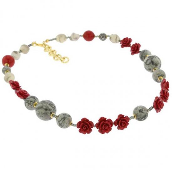 ベネチアングラス（ベネチアンガラス）ローズと大理石ネックレス