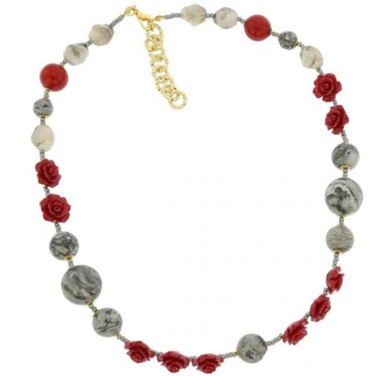 ベネチアングラス（ベネチアンガラス）ローズと大理石ネックレス