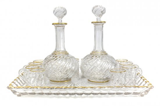 589　バカラ（Baccarat）クリスタル　リカーセット　１５点（サービング・トレイ、リキュール・デカンタ、グラス１２個）　1900年代