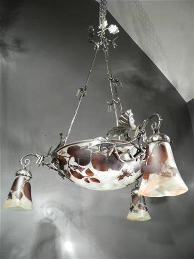 ミューラー兄弟　木の葉が描かれたカメオ技法のアールヌーボーシャンデリア　アンティーク照明