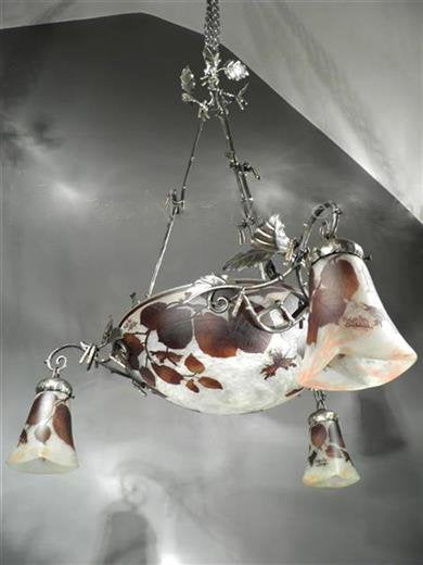 ミューラー兄弟　木の葉が描かれたカメオ技法のアールヌーボーシャンデリア　アンティーク照明