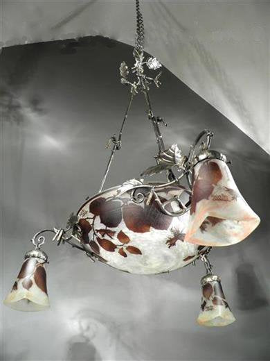 ミューラー兄弟　木の葉が描かれたカメオ技法のアールヌーボーシャンデリア　アンティーク照明