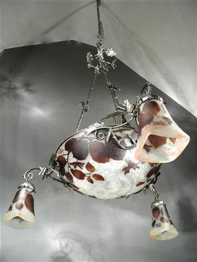 ミューラー兄弟　木の葉が描かれたカメオ技法のアールヌーボーシャンデリア　アンティーク照明