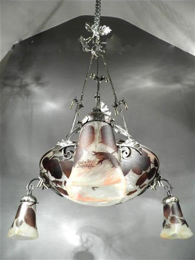 ミューラー兄弟　木の葉が描かれたカメオ技法のアールヌーボーシャンデリア　アンティーク照明