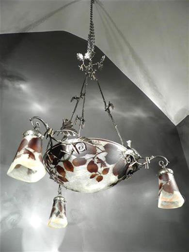 ミューラー兄弟　木の葉が描かれたカメオ技法のアールヌーボーシャンデリア　アンティーク照明