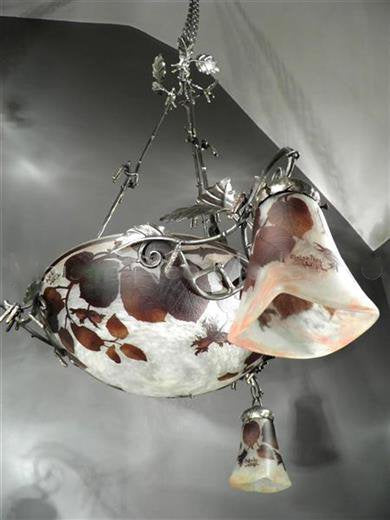 ミューラー兄弟　木の葉が描かれたカメオ技法のアールヌーボーシャンデリア　アンティーク照明