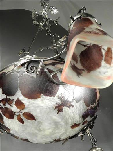 ミューラー兄弟　木の葉が描かれたカメオ技法のアールヌーボーシャンデリア　アンティーク照明