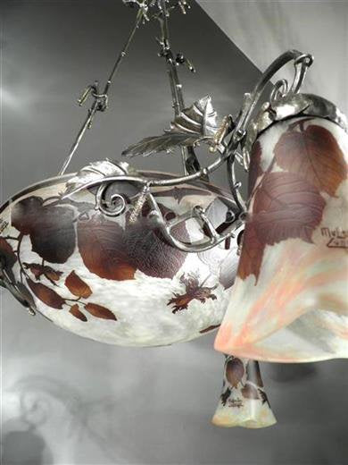 ミューラー兄弟　木の葉が描かれたカメオ技法のアールヌーボーシャンデリア　アンティーク照明