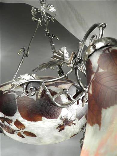 ミューラー兄弟　木の葉が描かれたカメオ技法のアールヌーボーシャンデリア　アンティーク照明